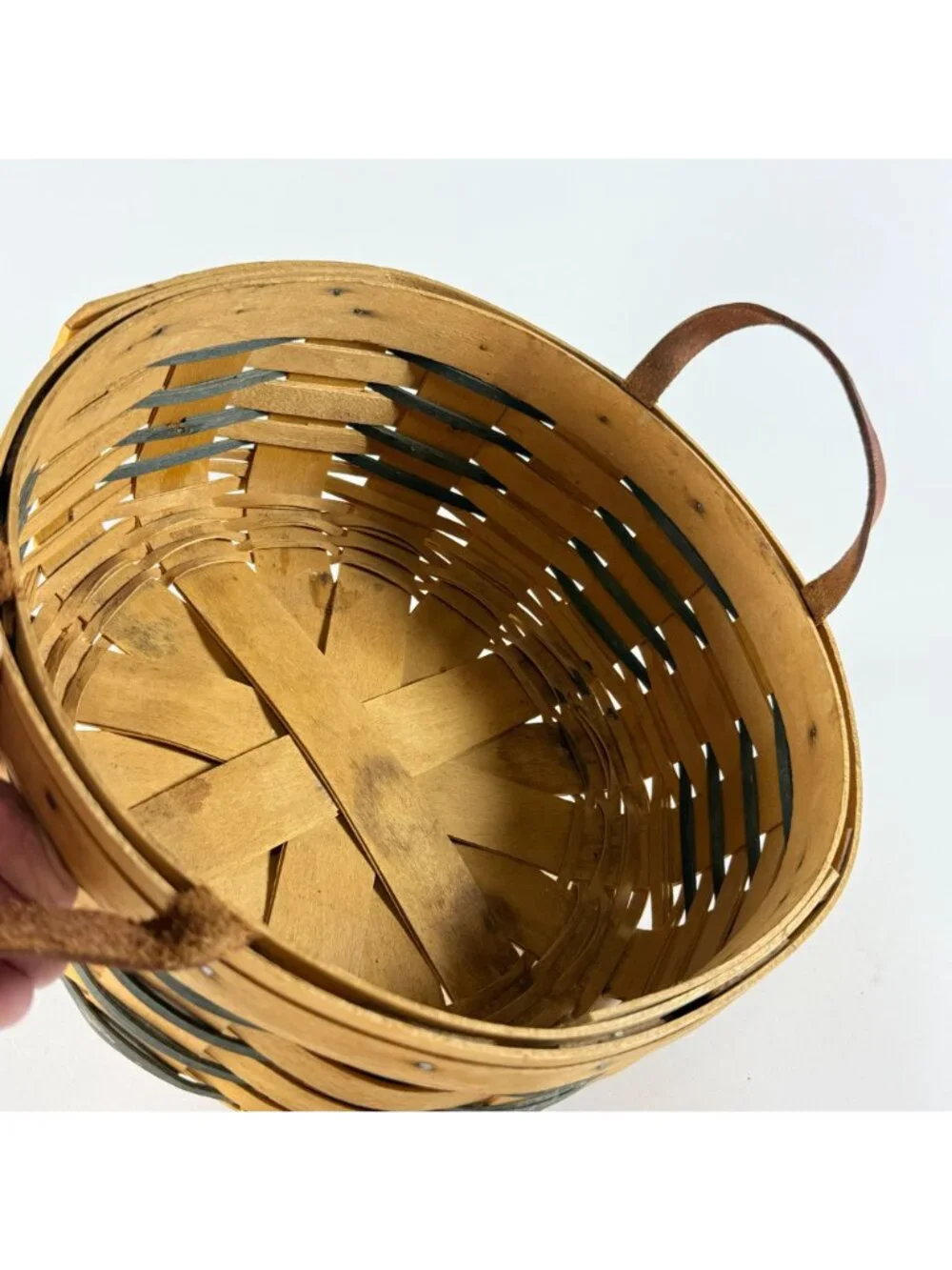 Vintage 1997 Longaberger Round Basket w/ Liner & Leather Handles USA
